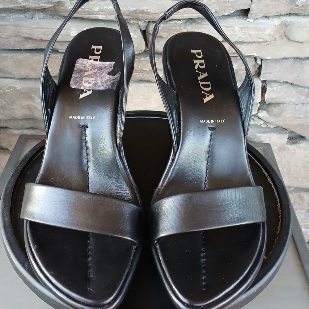 Prada Black Leather Wedge Sandals - Picture 5 of 8